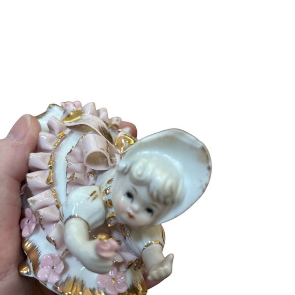 Lefton Bloomer Girls by Geo Z Figurine Gold Pink Dress 50s Victorian FLAW READ - Picture 10 of 13